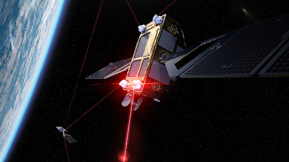 An artistic view of Optical Communications Terminals installed on a satellite. Over 100 terminals have already been delivered to customers with first launches imminent. (Image: Mynaric)
